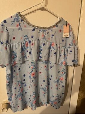 Juicy Couture Light Blue Floral Ruffle Blouse with Beaded Neckline